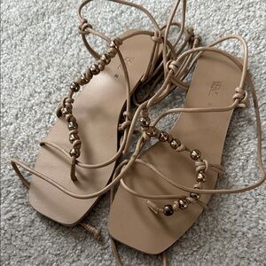 Zara Beige Strappy Sandals with Bead Accents size 39